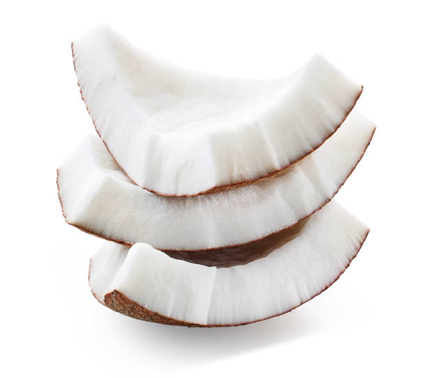 istock Stack of three fresh coconut pieces or slices on white background 2104303932