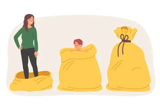 Vector illustration of People hide in huge bags and take turns, come out surprising each other and rejoicing at meeting