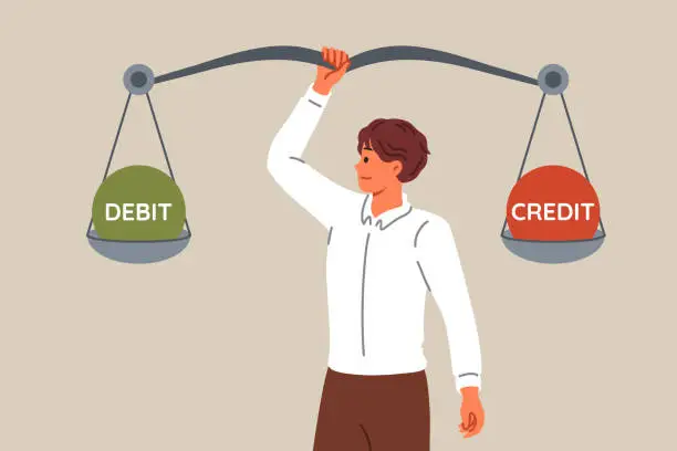 Vector illustration of Man accountant compares debits and credits using giant scale to balance commercial company