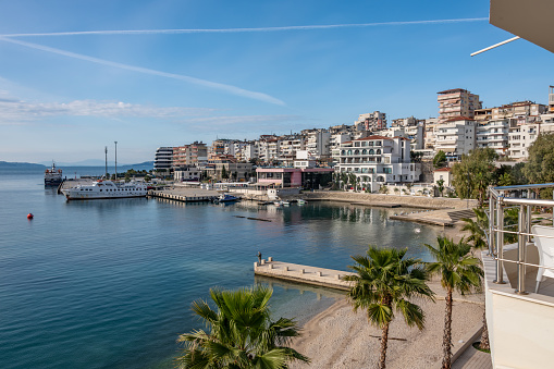 Saranda, Albania. 17 March 2024. Small ferry at the docks in Saranda