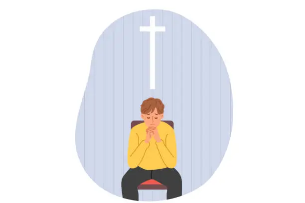 Vector illustration of Praying teenage boy cries, sitting in church under catholic cross and prays for mother recovery