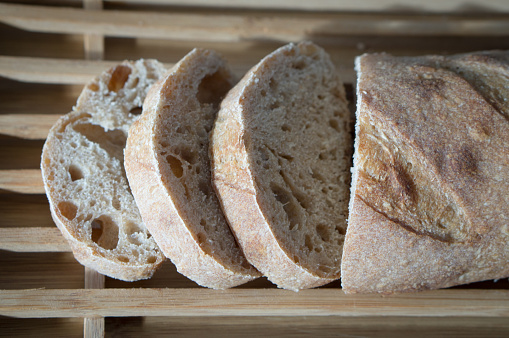 Process of making homemade bread, with levain, flour, water and salt.