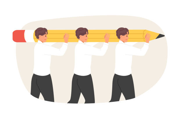 Teamwork of men lifting large pencil together to complete task set by company management Teamwork of men lifting large pencil together to complete task set by company management. Office employees work hard and demonstrate teamwork skills to create new department in corporation supplier relationship management stock illustrations