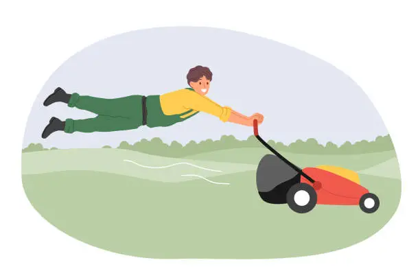 Vector illustration of Man gardener uses powerful lawn mower to maintain grass of public park or golf course