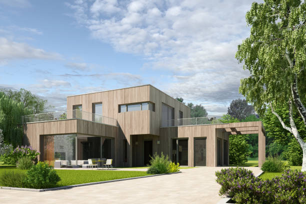 istock Modern cubic wooden villa 2104391715