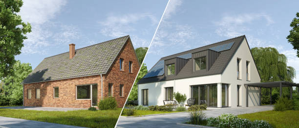 istock Old house and renovated house 2104391716