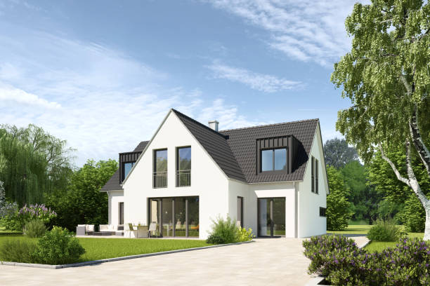 istock Modern white gable roof house 2104392231
