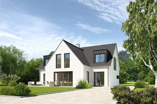 3d rendering of a modern white gable roof house