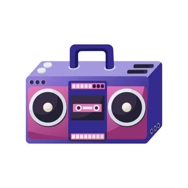 Vector illustration of Retro audio player in memphis style. Tape recorder, cassette vector illustration on white background. Music box. Nostalgia for 90s.