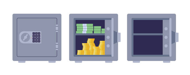 istock Metal safe with a combination lock: closed, open and full of money, open and empty 2104401039
