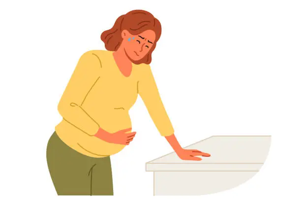 Vector illustration of Pregnant woman holds stomach, for concept complications caused by fetal development disorders