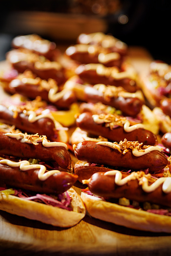 Set of hot dogs with sausages and mayonnaise