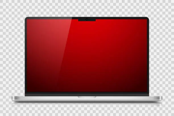 Vector illustration of A realistic laptop with a red gradient screen and reflection on a transparent background.