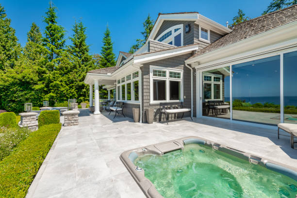 istock Beautifully remodelled residential home in pacific northwest waterfront ocean view with expansive deck back yard and elegant foyer with stair case 2104441103