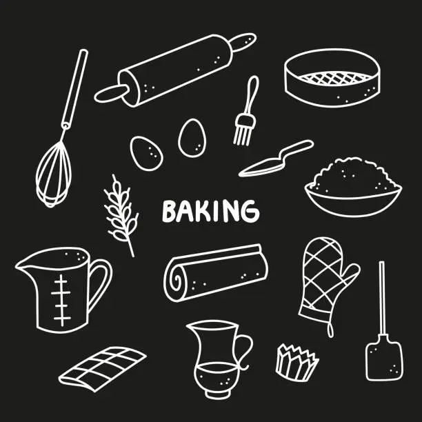 Vector illustration of Baking equipments hand drawn ink sketch vector illustration. Doodle background with dough, eggs, rolling pin, flour, ingredients tools cooking baked goods. Design concept for bakery, chef, menu, cafe