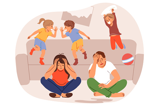 Frustrated parents feel tired and lacking energy due to hyperactive children jumping on sofa and throwing things around. Mischievous children have fun, causing inconvenience to exhausted mom and dad