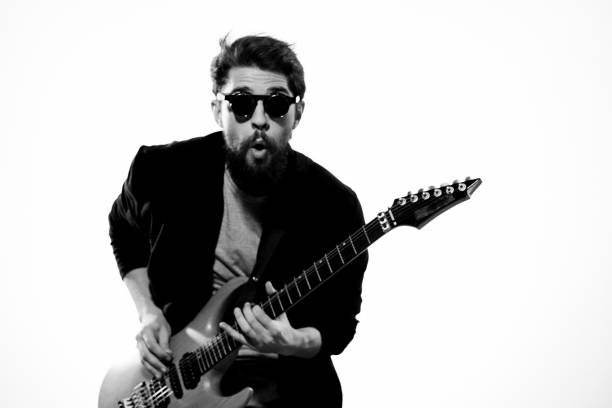 istock Male music black leather jacket guitar music performed 2104448393