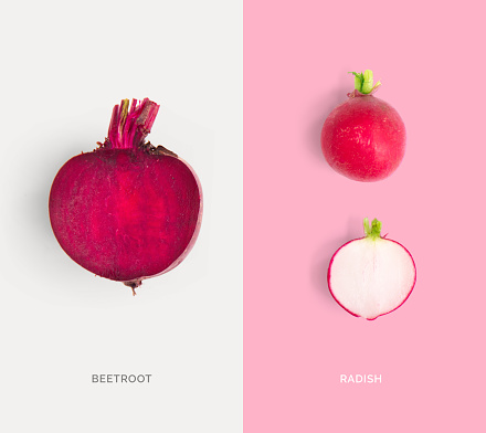 Creative layout made of beetroot and radish. Flat lay. Food concept.