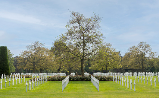 Arlington, VA, USA - May 02, 2019: Rows of Tombstones at Arlington National Cemetery. Virginia. USA