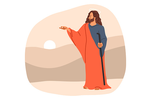 Jesus christ from bible and christian religion, stands near hills and sunset, giving parting words to followers. Messiah of catholic faith, jesus with kind expression on face extends hand forward