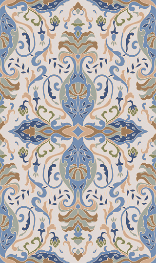 Vintage blue and beige floral background. Pattern with stylized vases and flowers.