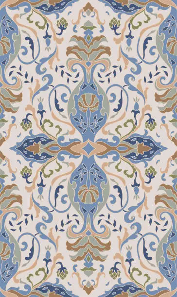 Vector illustration of Floral vintage blue and beige pattern.