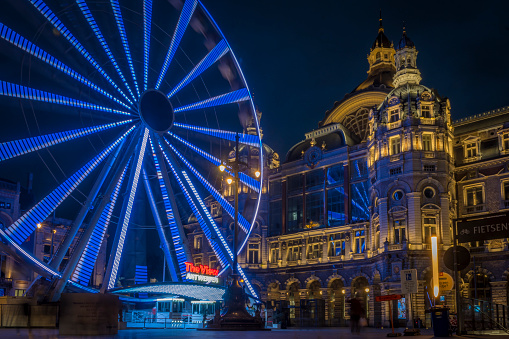 Antwerp, Belgium, March 21st 2024: The View ferris wheel on NMBS Central Railwaystation on Queen Astrid Square in Antwerp.