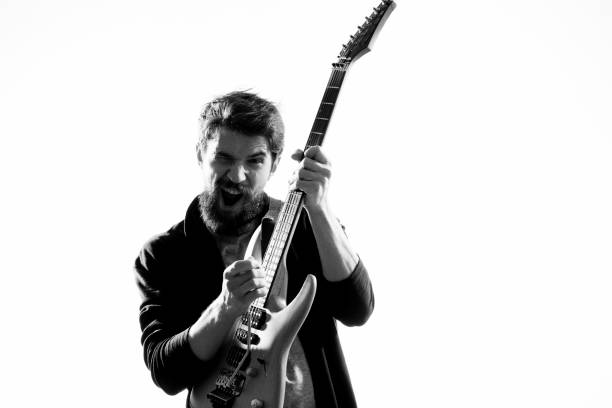 istock Male musician with guitar rock star performing entertainment program 2104474870