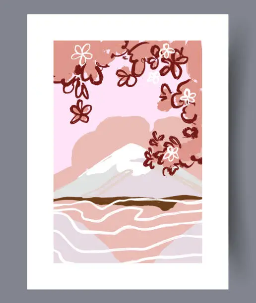 Vector illustration of Landscape fujiyama volcano lake wall art print
