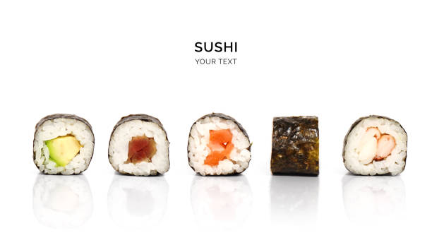 istock Seamless pattern with sushi. Food abstract background. Sushi on the white background. 2104480566