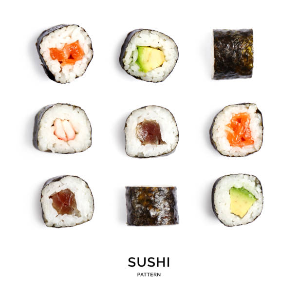 istock Seamless pattern with sushi. Food abstract background. Sushi on the white background. 2104480577