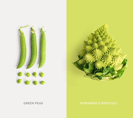 Creative layout made of romanesco cauliflower and green peas. Flat lay. Food concept.