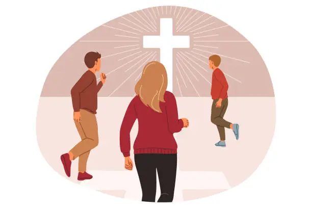 Vector illustration of Christian cross glowing in distance near running people wanting to become part religious community