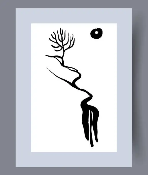 Vector illustration of Landscape full moon evening tree wall art print