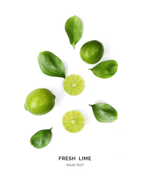istock Creative layout made of lime on the white background. Flat lay. Food concept. Macro  concept. 2104500288