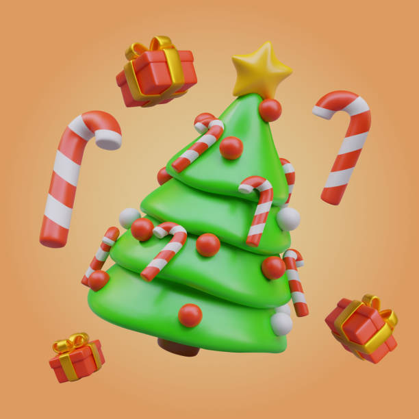 istock Realistic vertical poster with Christmas tree with candy cane toy and red and white balls 2104506660