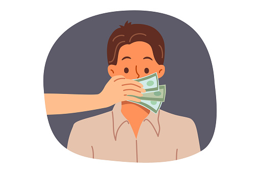 Cover man mouth with hands, bribing person for silence, or stopping disclosure of secret information. Censorship and use of money to restrict freedom of speech and violate principles of democracy