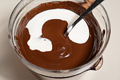 Making sauce with melting chocolate and thickened cream. Cooking Salted Caramel Chocolate Cold Cake Series.
