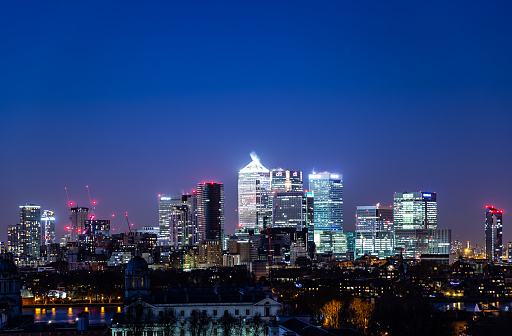 Canary Wharf at night London Docklands view from Greenwich  England Europe