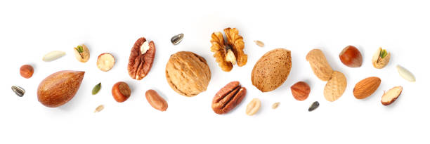 istock Creative layout made of hazelnut nuts, almonds, walnut, peanut, pecan, sunflower seeds on white background.Flat lay. Food concept. 2104521498