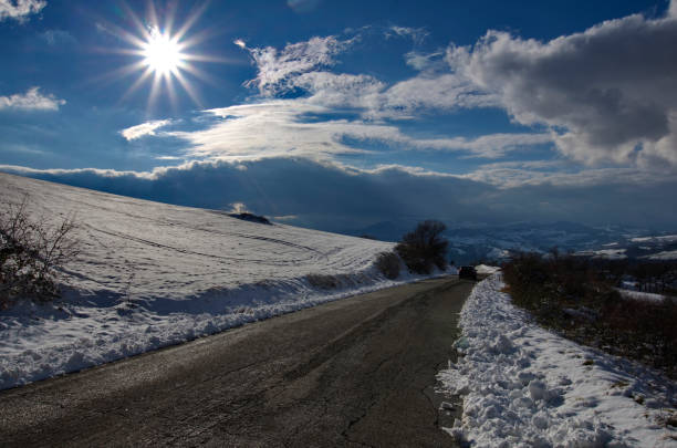 perspective of a snowy road against a sky with clouds
