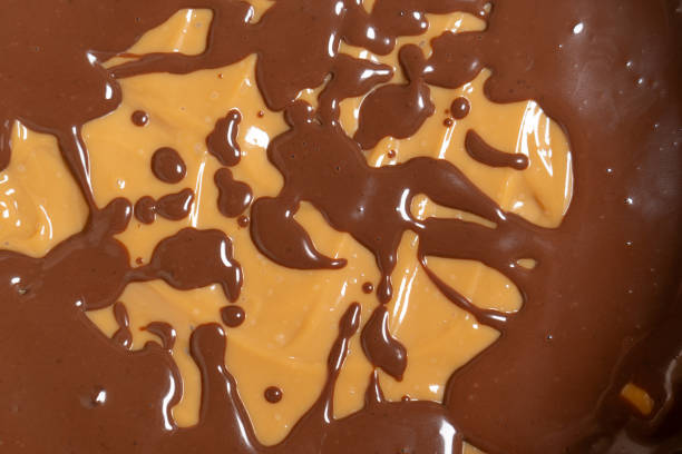 Texture of chocolate sauce over caramel layer. Cooking Salted Caramel Chocolate Cold Cake Series.