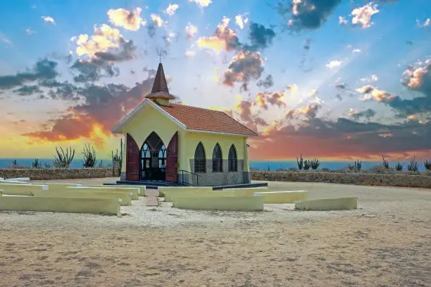 Photo of Alto Vista Chapel on Aruba island in the Caribbean at sunset