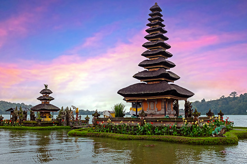 Sunset at Ulun Danu Bratan Temple in Bali Indonesia