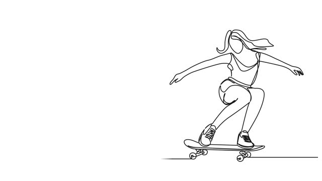 animated single line drawing of young woman on skateboard