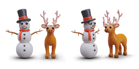 Smiling snowman and antlered deer in different positions. Winter 3D characters in cartoon style. Isolated image with shadows. Templates for fun creative web design