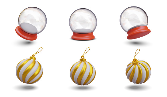 Transparent empty snow globes and Christmas tree balls with gold stripes. Set of vector objects at different angles. Realistic illustrations with shadows. Mockups for winter design