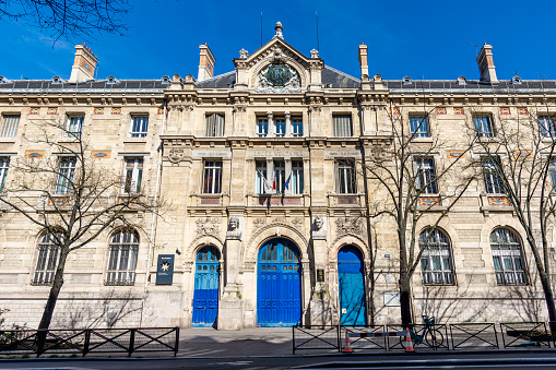 Paris, France - March 22, 2024: Exterior view of the Lycée Voltaire, a Parisian public general and technological education establishment located in the 11th arrondissement of Paris