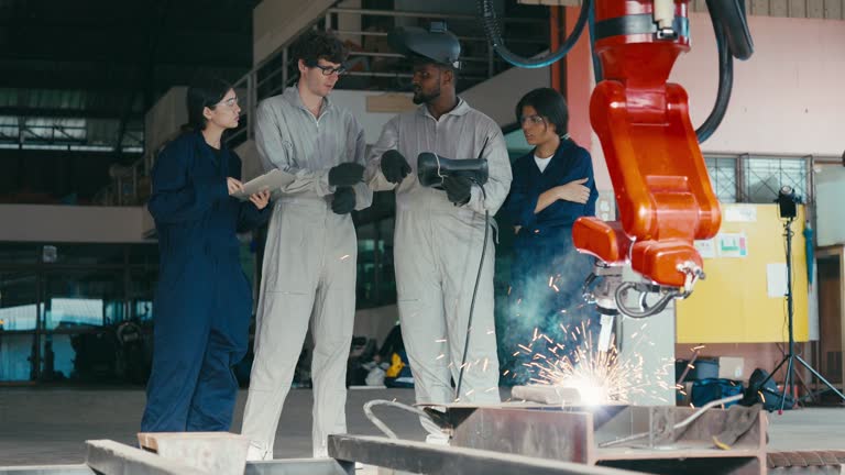 Engineers design the factory's steel welding machines.