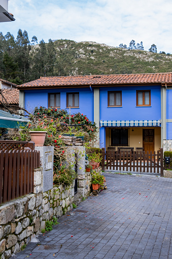 Vibrant rural village, asturian houses painted in striking blue hues with decorative wooden fences